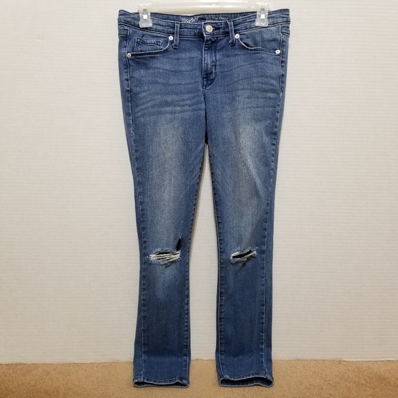 Mossimo jeans 6/28 Mid-Rise skinny denim whiskered ripped knee distressed - Picture 1 of 16